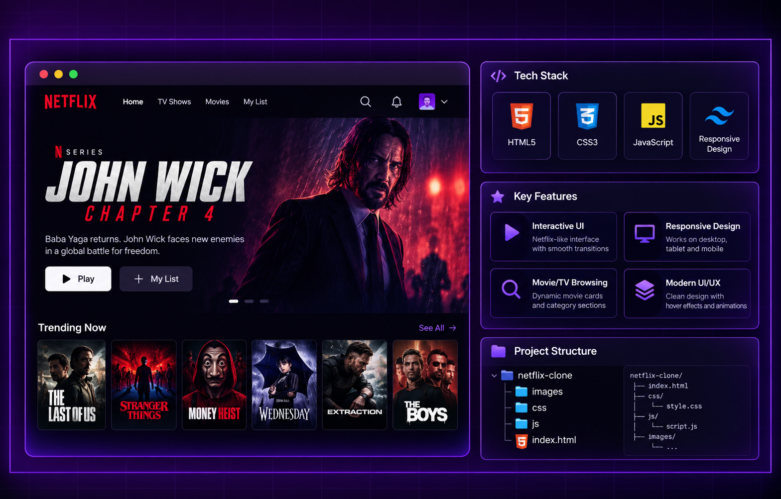 Netflix interface clone: home screen, tech stack, key features and project structure